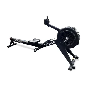 DB Fitness air rower three-quarter product view with flywheel, rail, seat and monitor on a white background