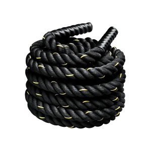 DB Fitness battle rope in black with yellow accents and textured grip handles on a white background