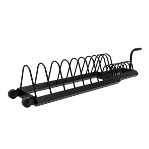Black DB Fitness horizontal bumper plate storage rack with curved dividers, two transport wheels and a pull handle.