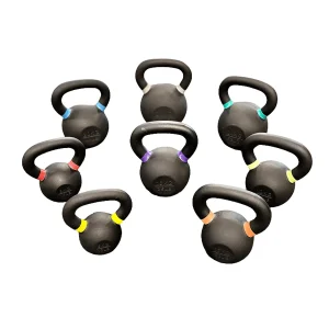 DB Fitness cast iron kettlebell range in multiple weight options with colour-coded handle bands on a white background