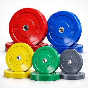 DB Fitness colour bumper plate set with 5kg grey, 10kg green, 15kg yellow, 20kg blue and 25kg red Olympic weight plates
