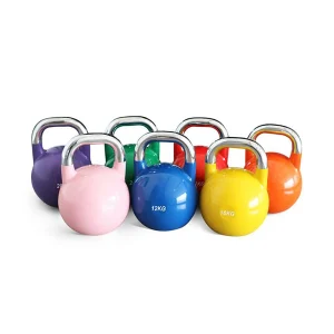 DB Fitness competition kettlebell full set, colour coded 6kg to 32kg with chrome handles for strength training and functional fitness