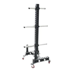 DB Fitness DB-6000 weight plate storage rack with multiple chrome storage pegs, adjustable upright holes and caster wheels for gym weight plate organisation.