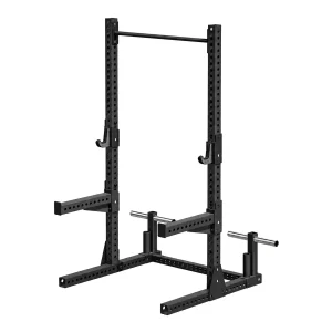 Black DB Fitness DB-6010 squat rack with a pull-up bar, adjustable J-hooks, safety spotter arms and weight plate storage pegs.