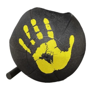 DB Fitness double grip medicine ball in black with yellow handprint design on a white background