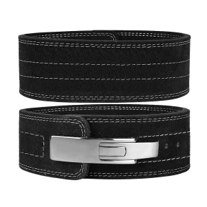 DB Fitness black leather lever buckle weightlifting belt front and back view