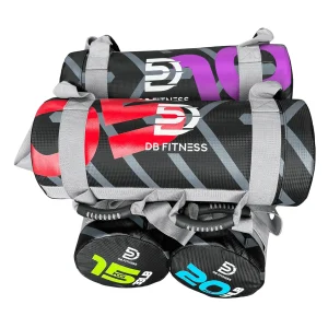 DB Fitness power bag weight range showing 10 kg, 15 kg, 20 kg and 25 kg options with multi-grip handles on a white background