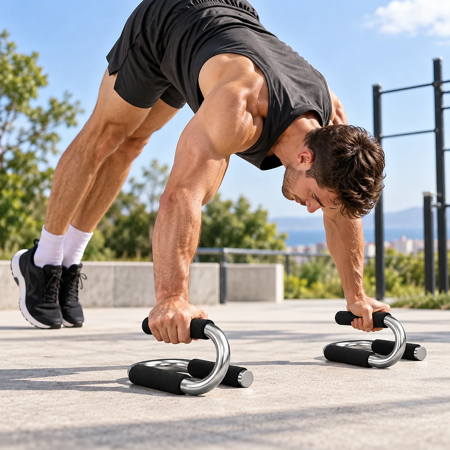 Man performing pike push-ups with DB Fitness push-up bars during outdoor strength training