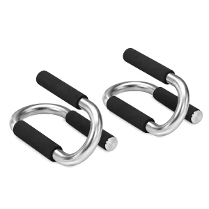 DB Fitness stainless steel push-up bars with black foam grips on a pure white background