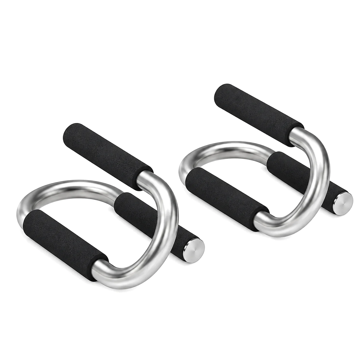 DB Fitness stainless steel push-up bars with black foam grips on a pure white background