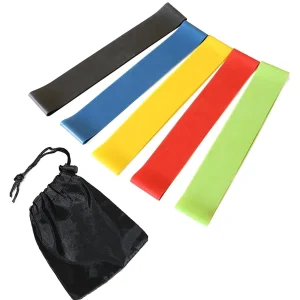 DB Fitness resistance loop band set in five resistance levels with black storage bag on a white background
