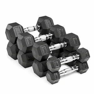 rubber hex dumbbells, hex dumbbell set, chrome handle dumbbells, strength training dumbbells, home gym dumbbells, DB Fitness dumbbells, rubber dumbbell set NZ