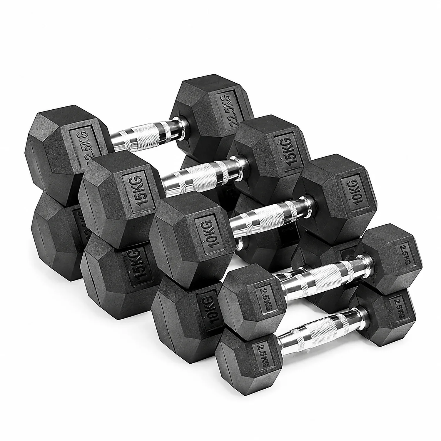 rubber hex dumbbells, hex dumbbell set, chrome handle dumbbells, strength training dumbbells, home gym dumbbells, DB Fitness dumbbells, rubber dumbbell set NZ