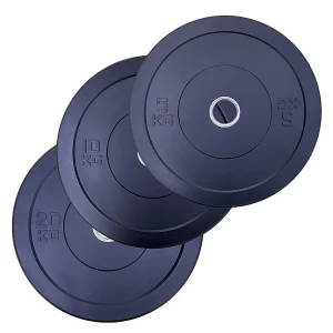 DB Fitness rubber weight plates set showing 5kg, 10kg, and 20kg black bumper plates with stainless steel centre rings.
