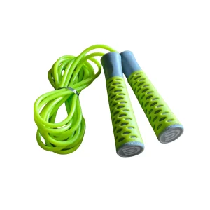 DB Fitness speed jump rope with bright green cable and ergonomic ventilated handles on a white background