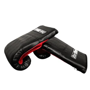 DB Fitness training bag mitts in black and red with padded striking surface on a white background