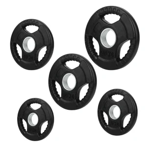 DB Fitness tri-grip rubber weight plates with stainless steel centre holes in 2.5kg, 5kg, 10kg, 15kg and 20kg sizes.