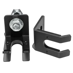 Front and side views of a black DB Fitness rack-mounted vertical barbell holder with a U-shaped opening and protective lining.