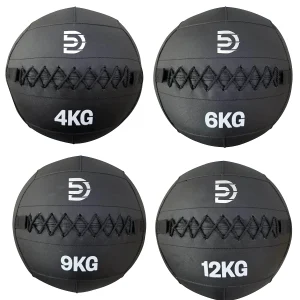 DB Fitness wall ball weight options in 4 kg, 6 kg, 9 kg and 12 kg on a white background.