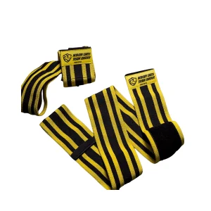 DB Fitness yellow and black weightlifting elbow wraps pair for strength training and gym support