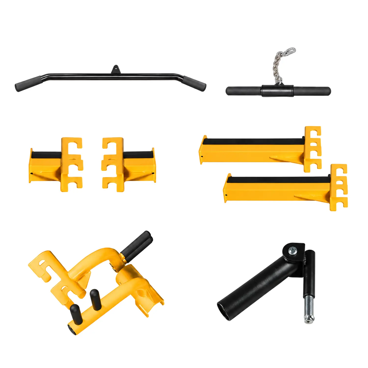 DB half rack accessories: lat pulldown bar, short bar, J-hooks, safety arms, dip bars and landmine attachment.