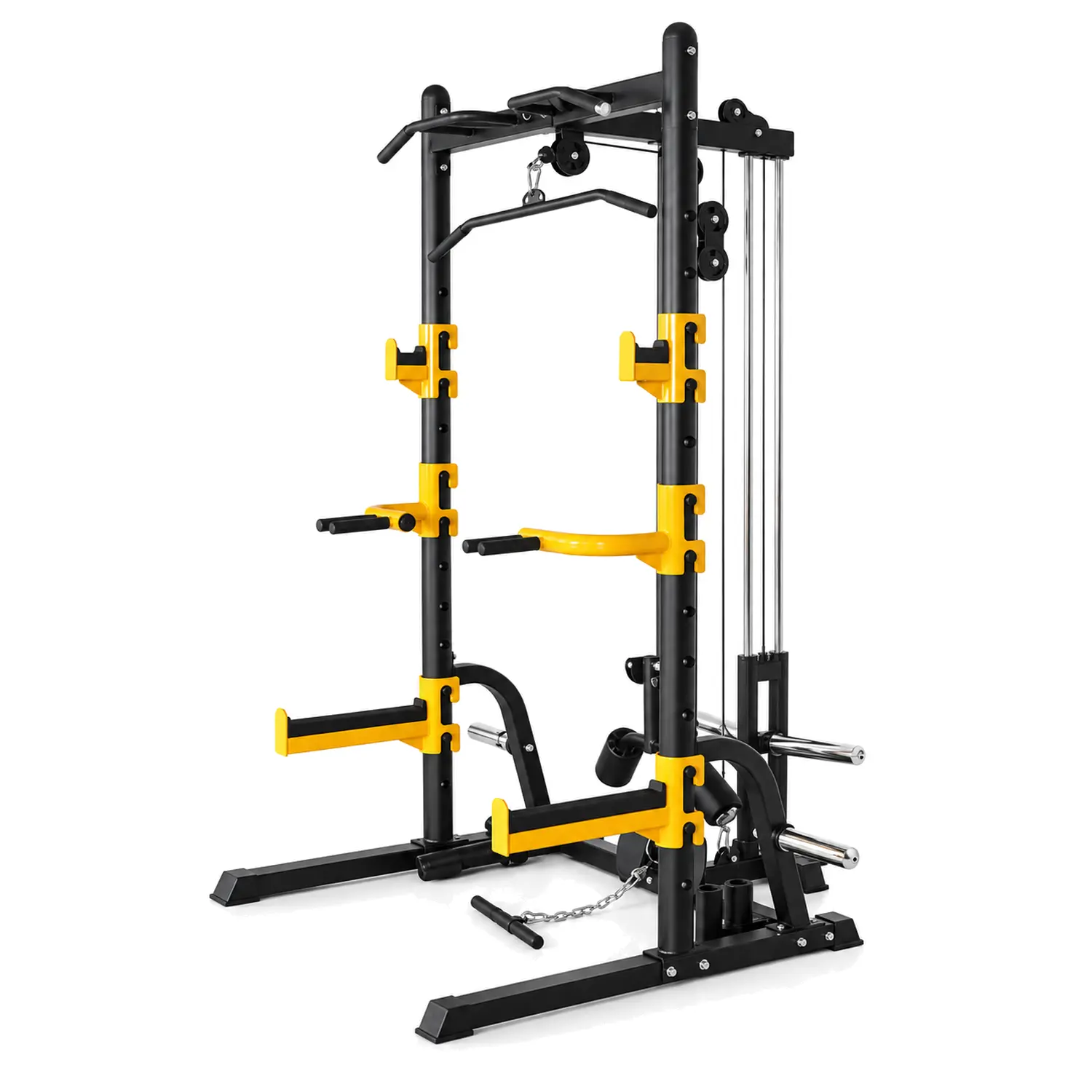 Angled view of a DB half rack showing yellow J-hooks, dip handles, safety arms and cable attachments.