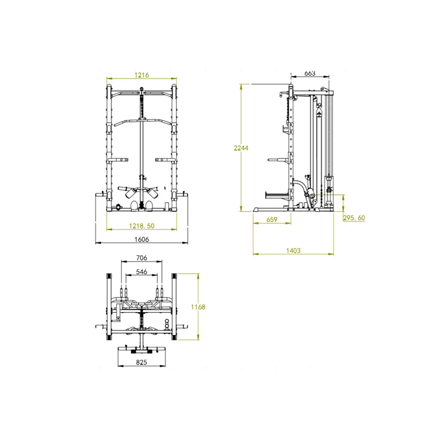 Front, side and top dimension drawings of the DB half rack.