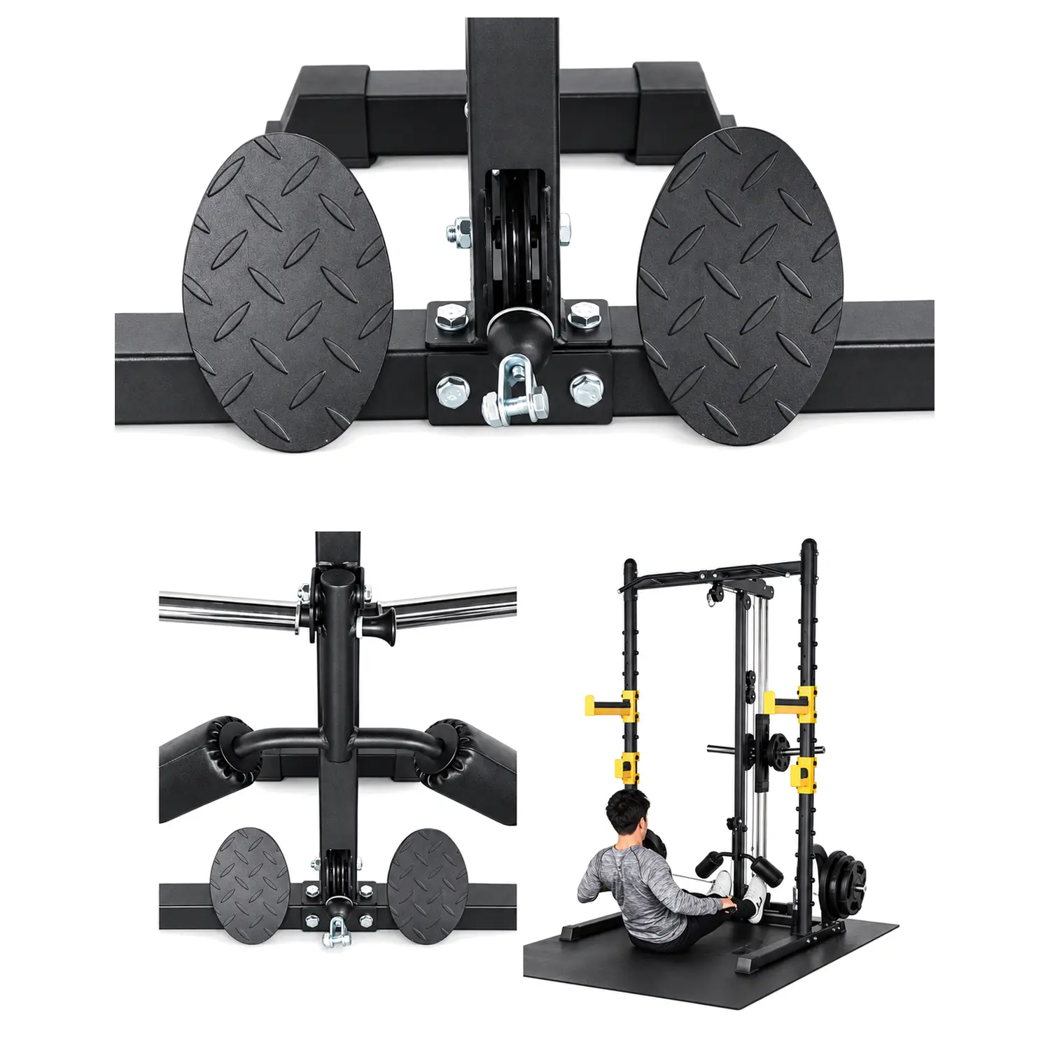 DB half rack low-row footplates and cable connection, with a seated rowing demonstration.