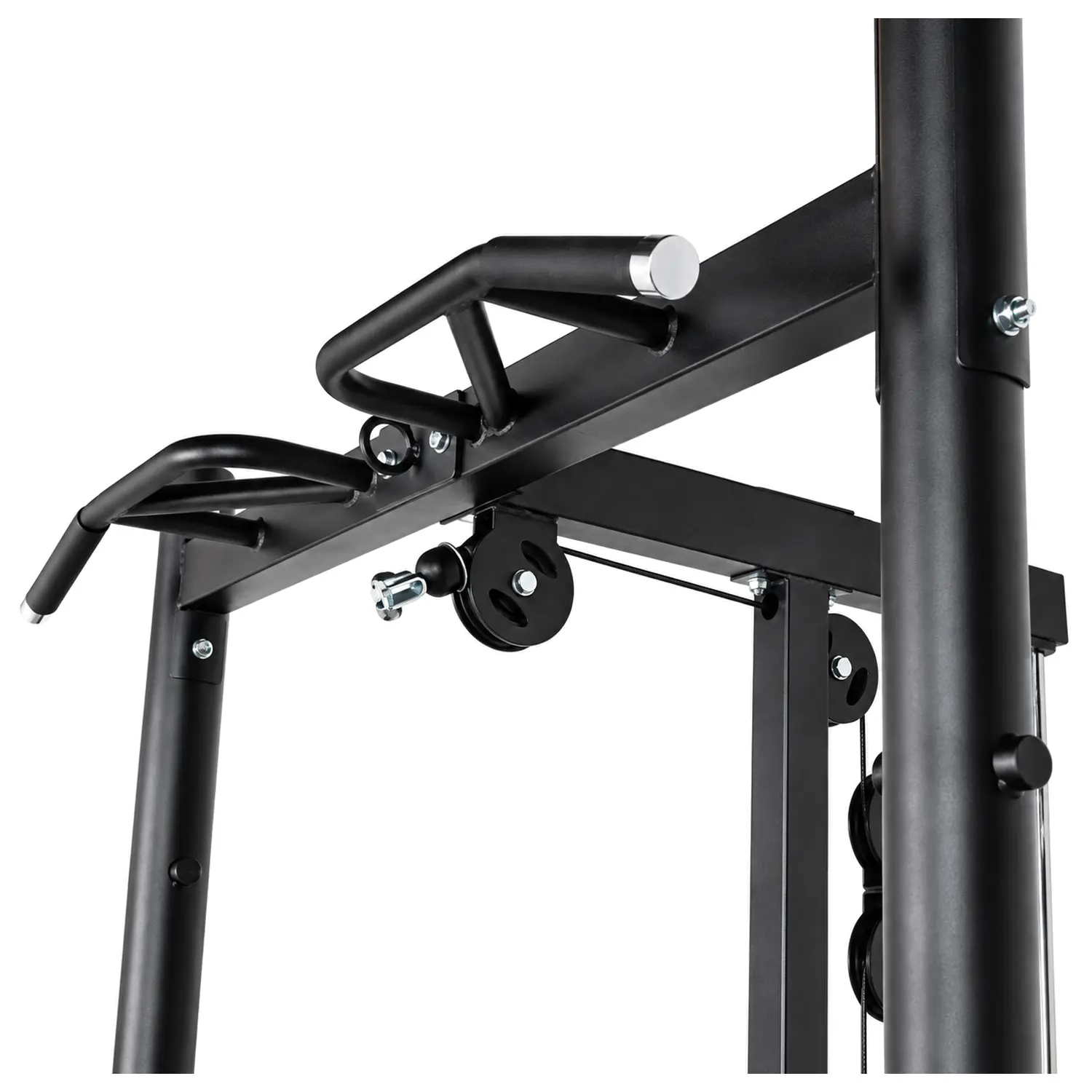 Close-up of the multi-grip pull-up handles and upper cable pulleys on a DB half rack.