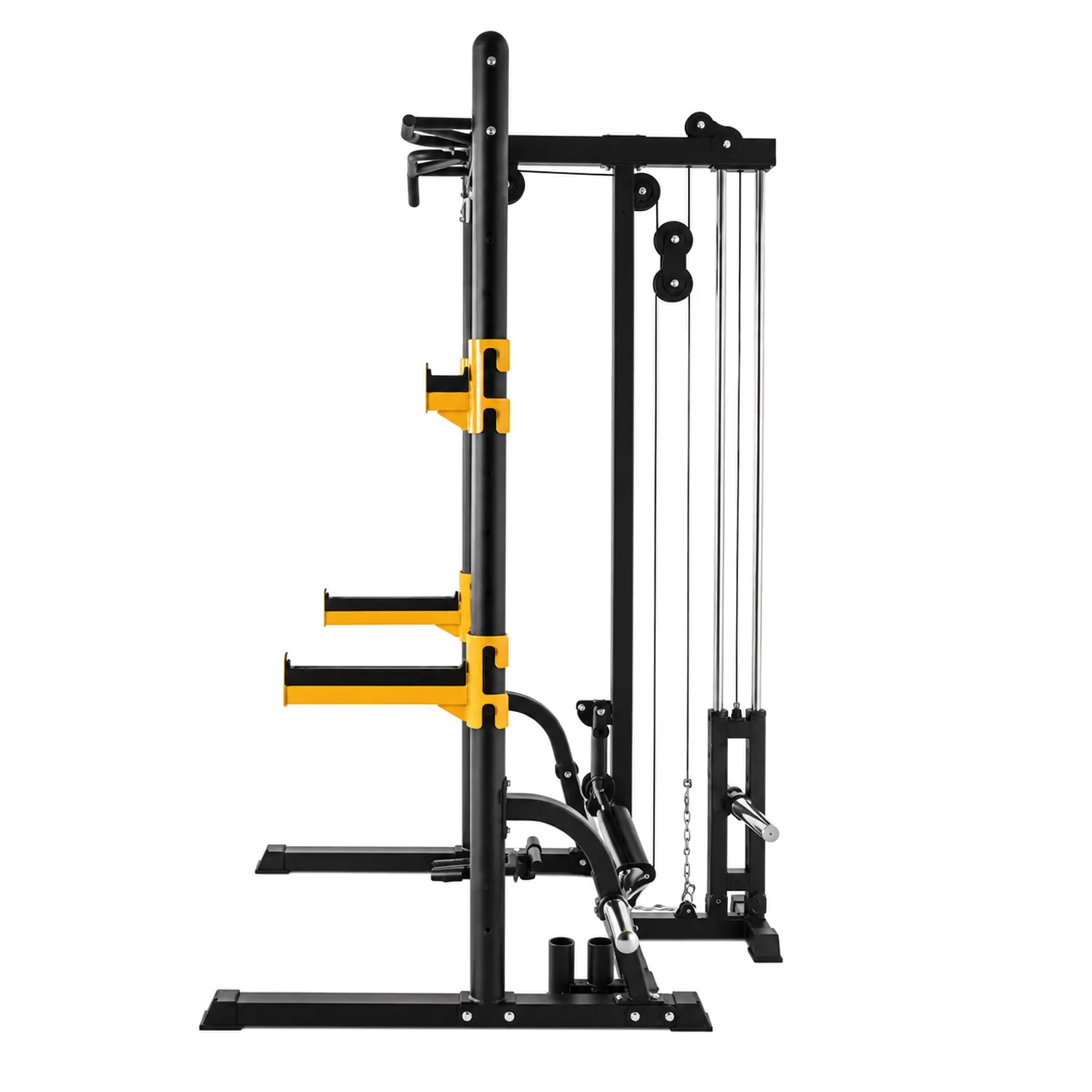 Side view of a black and yellow DB half rack with safety arms and a cable pulley system.