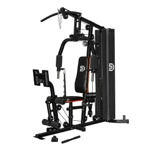 Three-quarter view of a DB home gym with a preacher curl pad, lat pulldown bar, chest press and leg extension attachment.