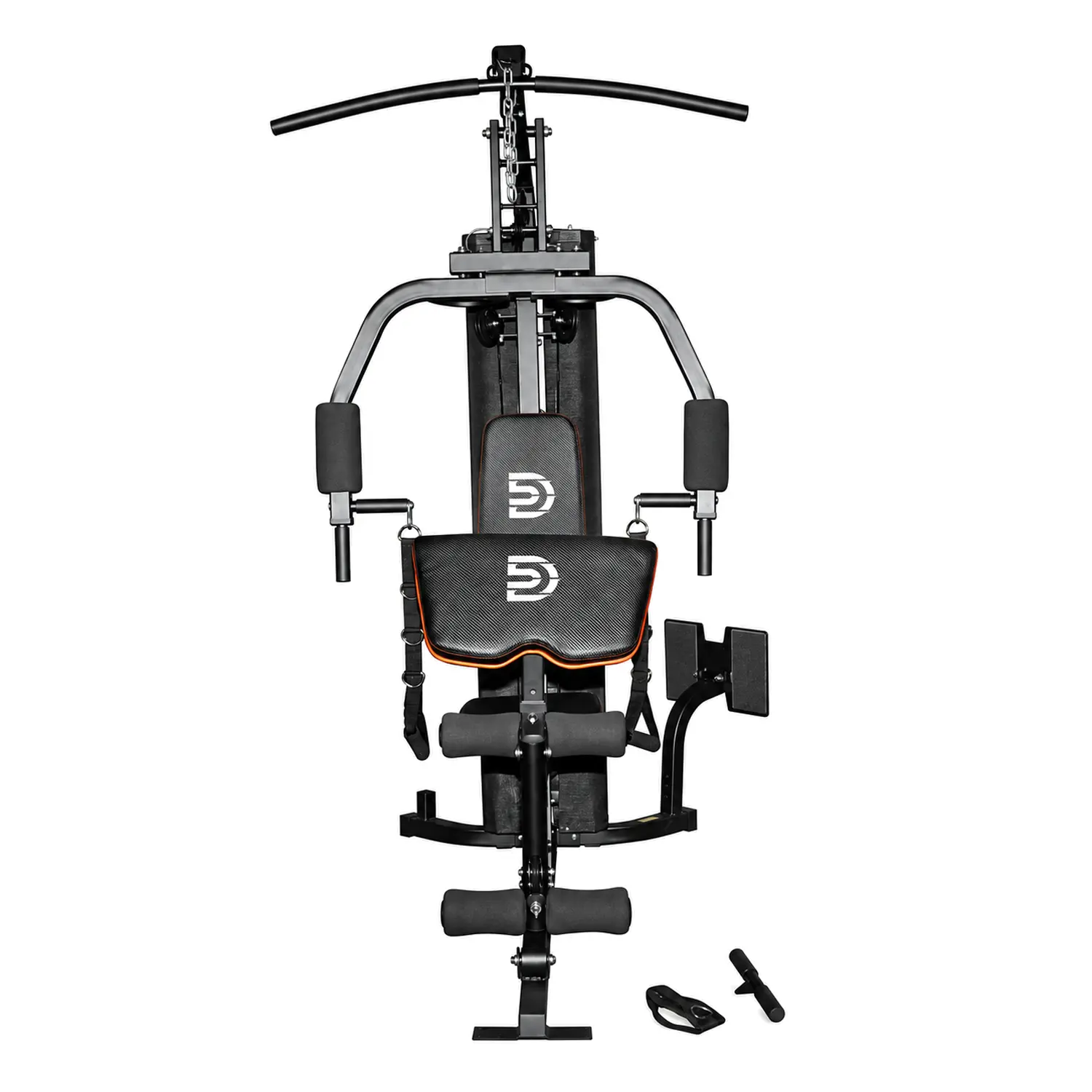 Front view of a DB home gym with a lat pulldown bar, chest press arms, preacher curl pad and leg rollers.