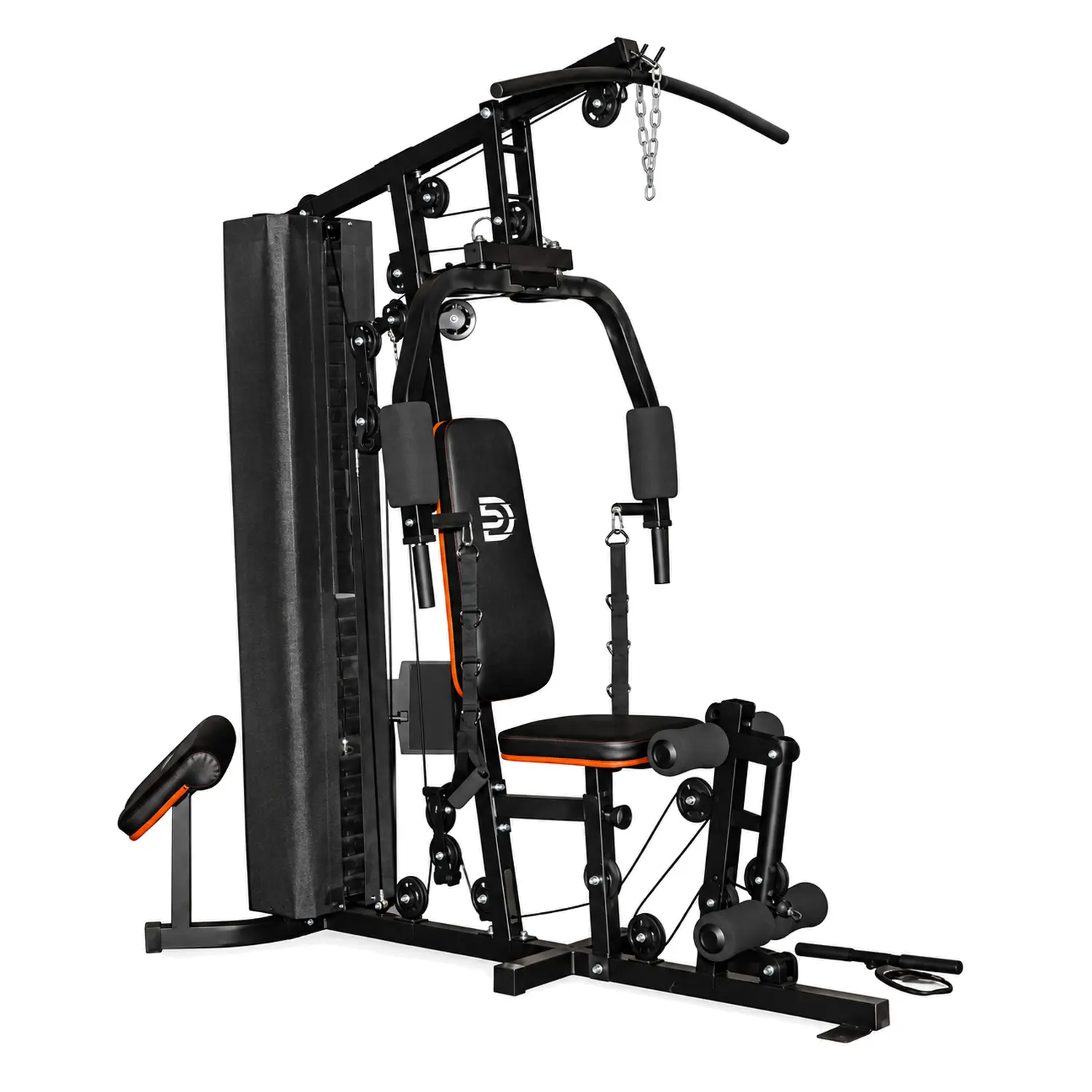 Opposite side view of a DB home gym showing the pulley system, weight stack cover and leg extension attachment.