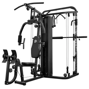 Black DB multi-station home gym with a chest press, leg press, lat pulldown and Smith bar.