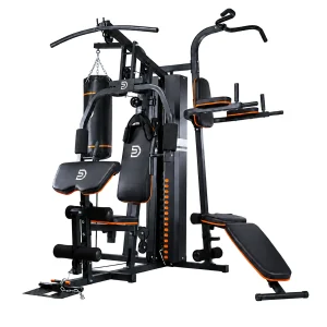 Black and orange DB multi-station home gym with a punching bag, lat pulldown, dip station and sit-up bench.