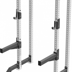 DB Fitness half squat rack: A space-saving design with adjustable J-hooks, safety arms, and a sturdy pull-up bar.