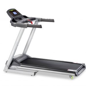 Studio shot of a DB Fitness treadmill, a compact exercise machine featuring a running belt, console, and incline capabilities.