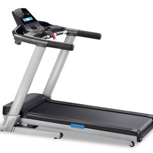 DB Fitness treadmill: Silver and black home cardio machine with digital display and handrails.