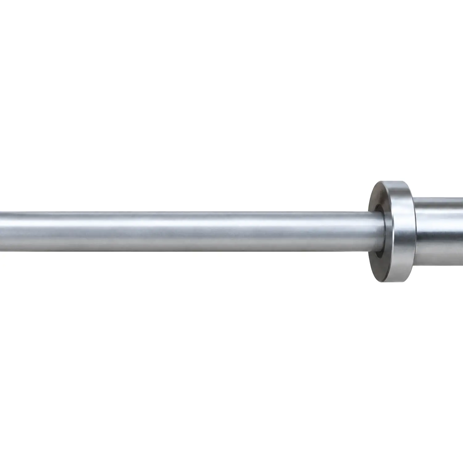 Close-up of a barbell shaft and circular sleeve flange against a white background.