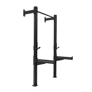 DB Fitness DB-6021 black wall-mounted squat rack with a pull-up bar, adjustable J-hooks and safety spotter arms.