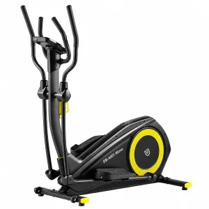 DB Fitness DB-4001 magnetic elliptical cross trainer with black frame, yellow flywheel accent and digital console on a white background