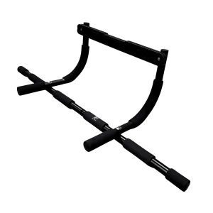 DB Fitness multi-training door chin-up bar in perspective view with padded grips and over-door support frame for home upper-body workouts.
