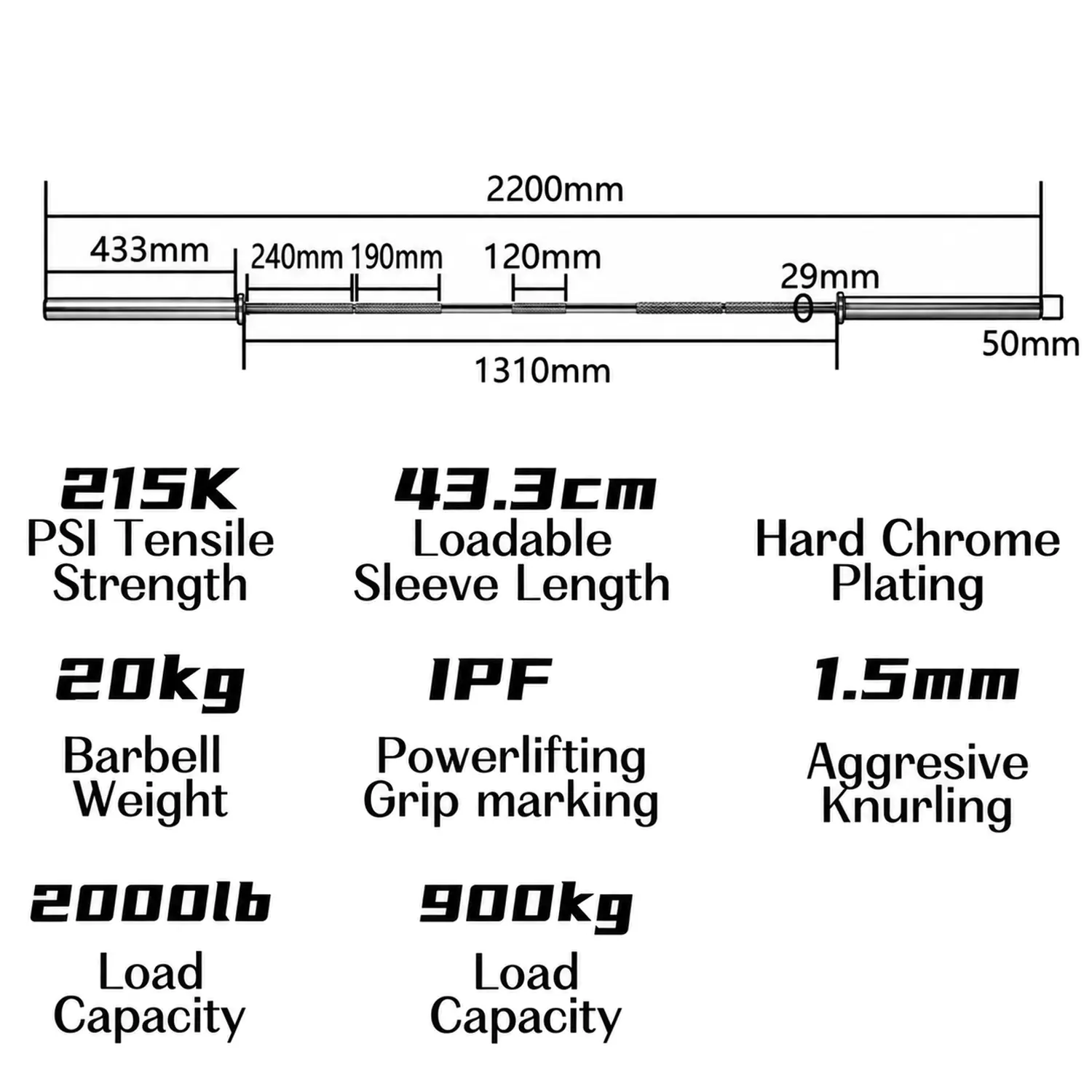 ORI 220 cm powerlifting barbell specification diagram showing 20 kg weight, a 29 mm shaft and 43.3 cm loading sleeves.