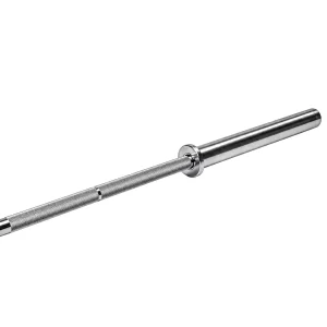 Angled detail of the ORI 220 cm barbell showing the knurled grip, grip marking and chrome loading sleeve.
