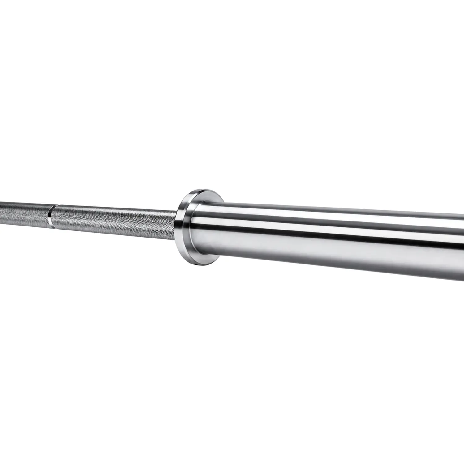Side detail of the ORI 220 cm barbell showing the chrome loading sleeve, circular flange and knurled shaft.
