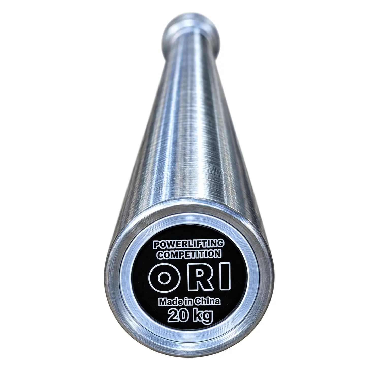 Close-up of a chrome barbell sleeve with an ORI Powerlifting Competition endcap marked 20 kg.