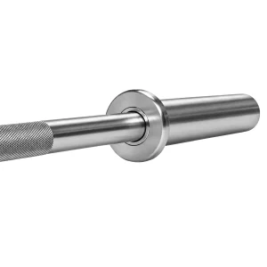 Close-up of the ORI barbell showing the knurled grip, smooth shaft, circular flange and chrome loading sleeve.