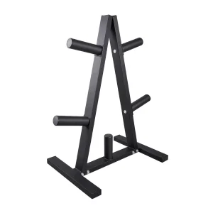 Black DB Fitness Olympic weight plate storage tree with an A-frame, side storage pegs and a freestanding base.