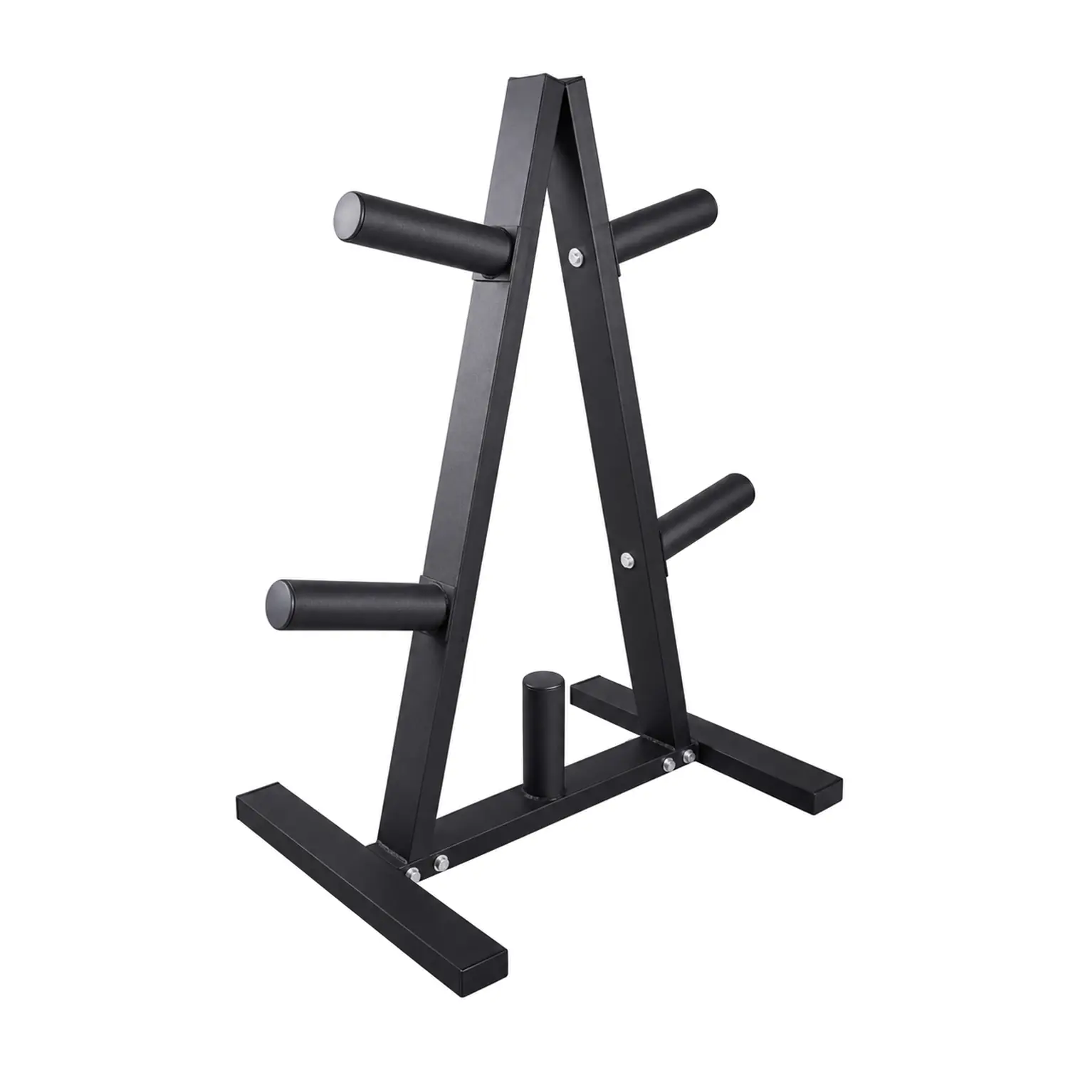 Black DB Fitness Olympic weight plate storage tree with an A-frame, side storage pegs and a freestanding base.
