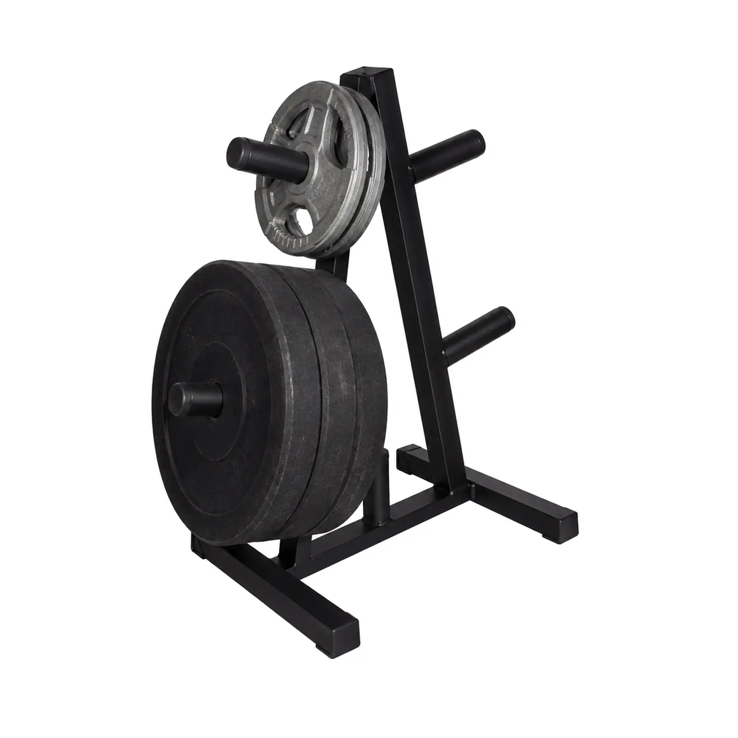 DB Fitness Olympic weight tree holding large black plates below smaller gray grip plates, with the right-side pegs empty.